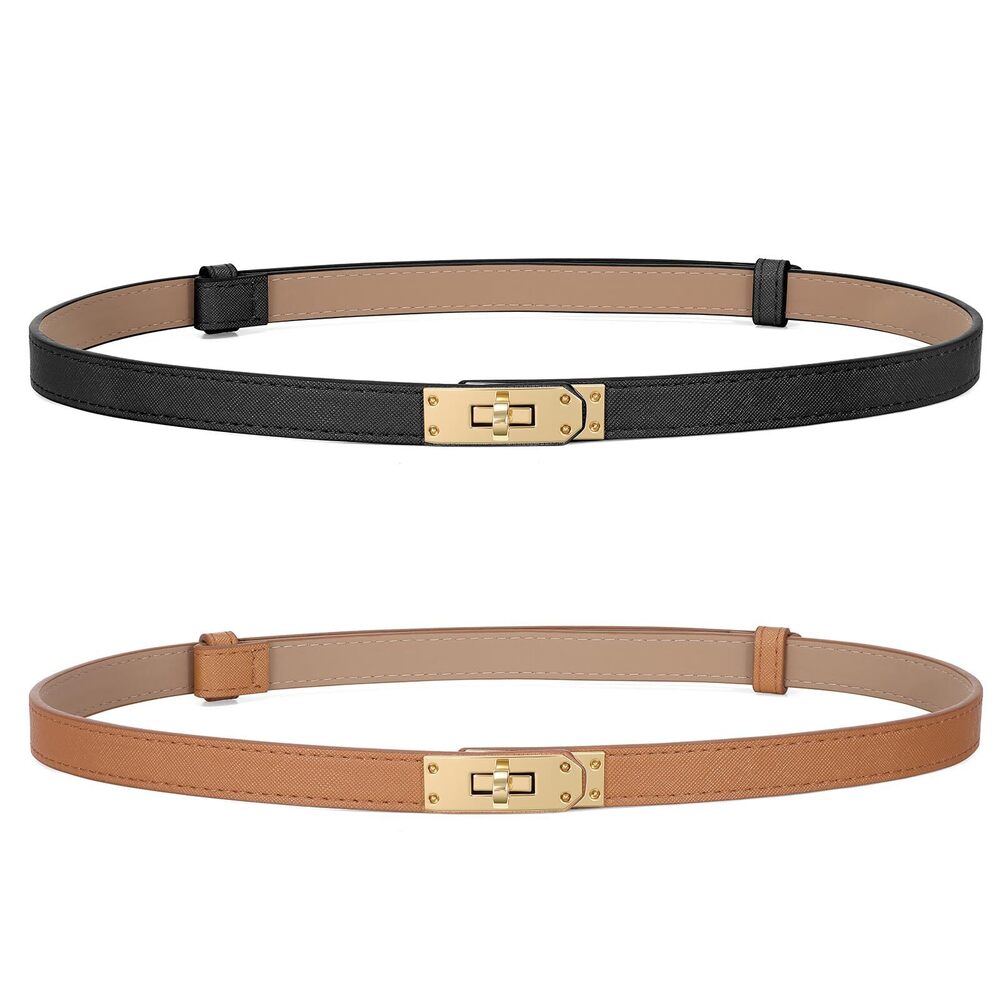 9699 2 Pack Women Skinny Leather Belt With Turn-lock Buckle Adjustable